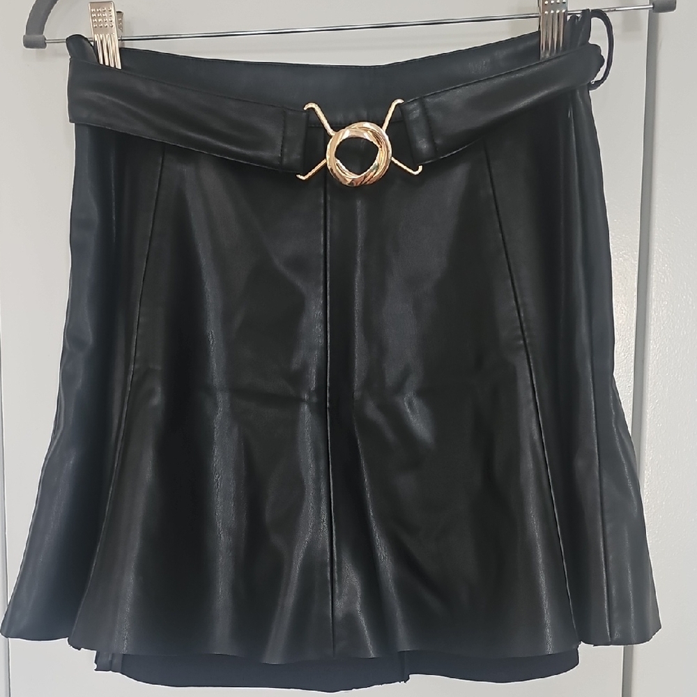 Zara Black Faux Leather Skirt with Gold Buckle
